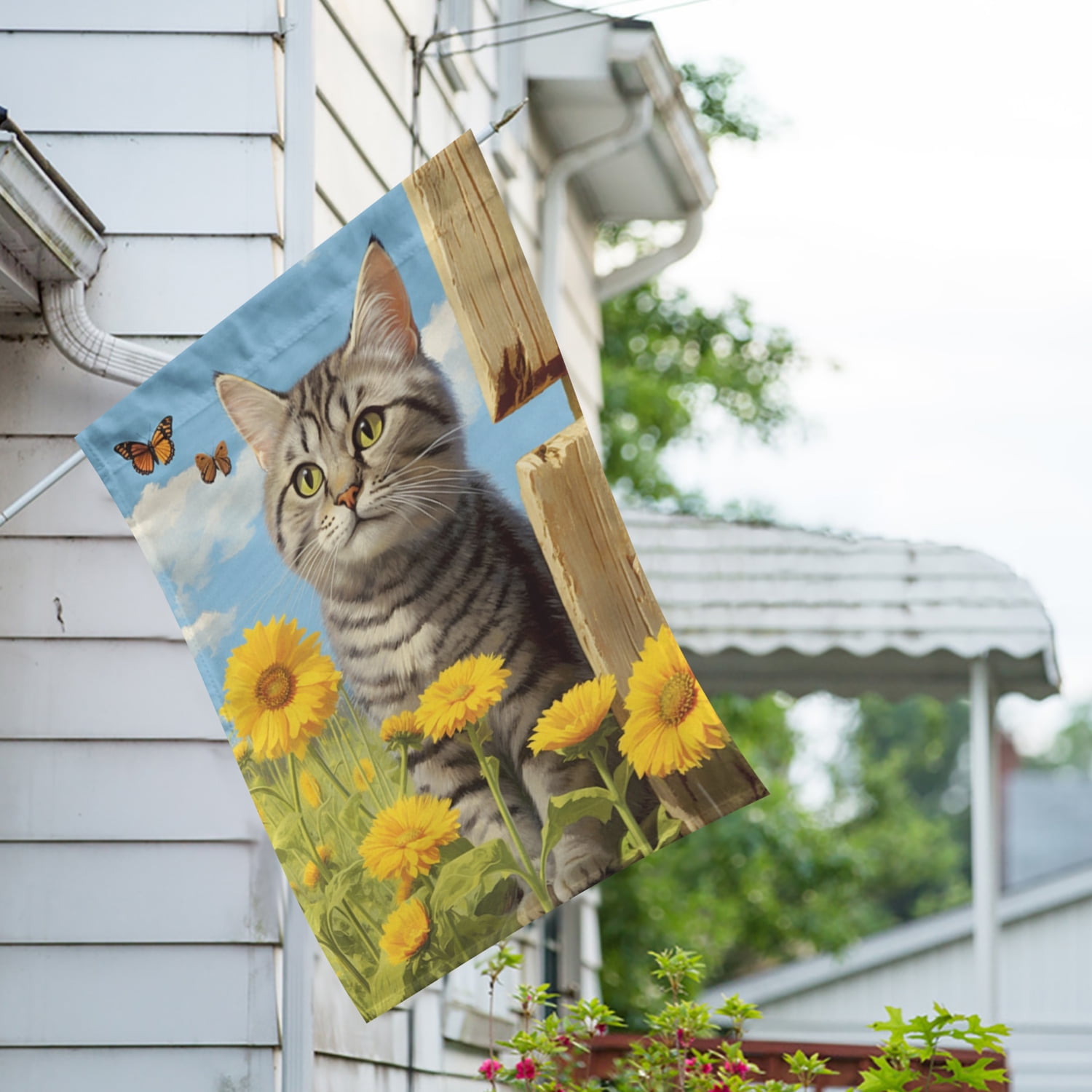 America Forever Spring Summer Sunflower Cat House Flag 28 x 40 inch Double Sided Kitty Floral Butterfly Spring Summer House Flag for Outdoor Cat Flag Yard Decoration