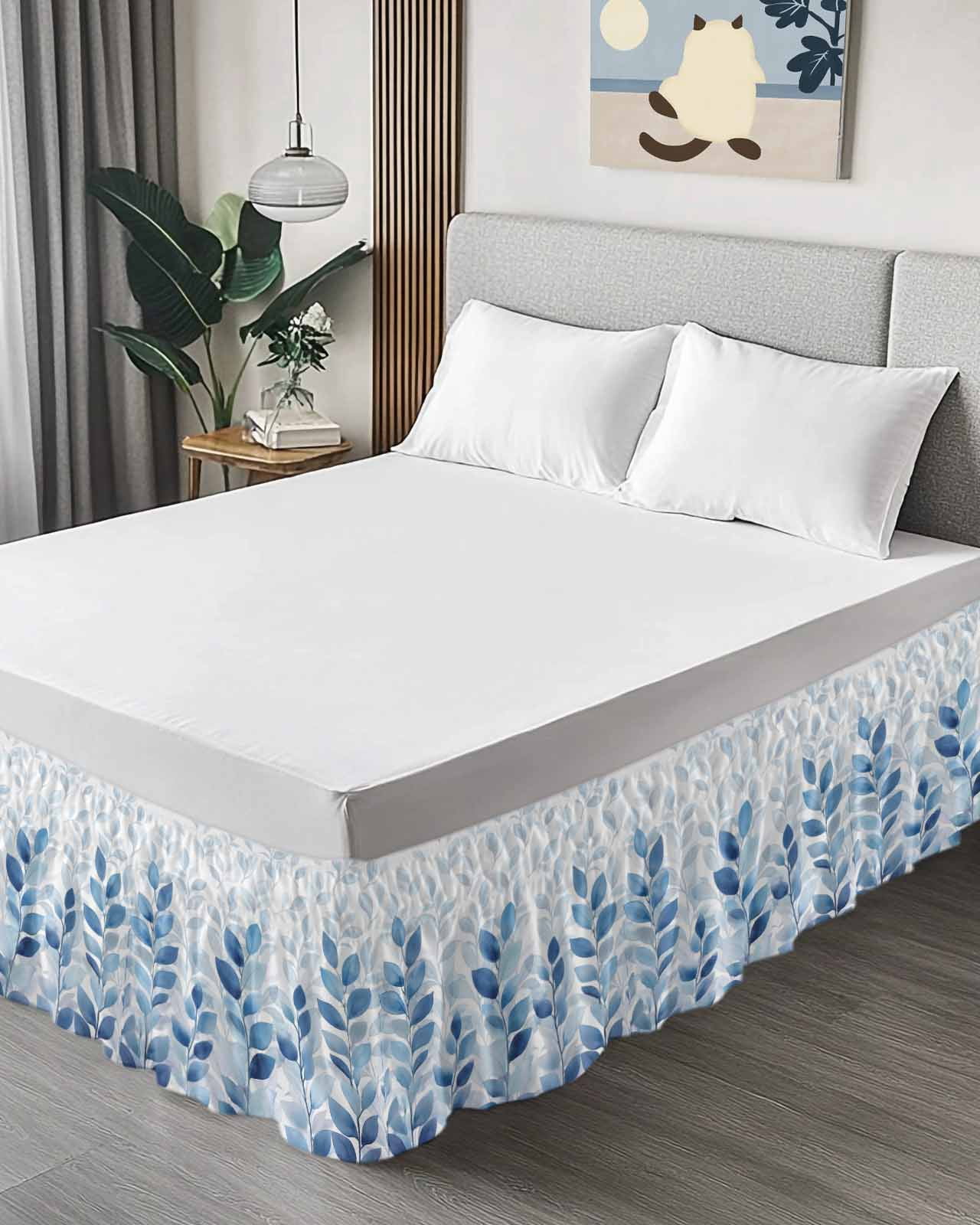 Blue Leaf Bed Skirt Queen Size, Watercolor Country Plant Monochrome Branch Wrap Around Bed Skirting with Adjustable Elastic Strap, Dust Ruffle Pleated Bedskirts 16 Inch Drop for Bedroom Queen Beds