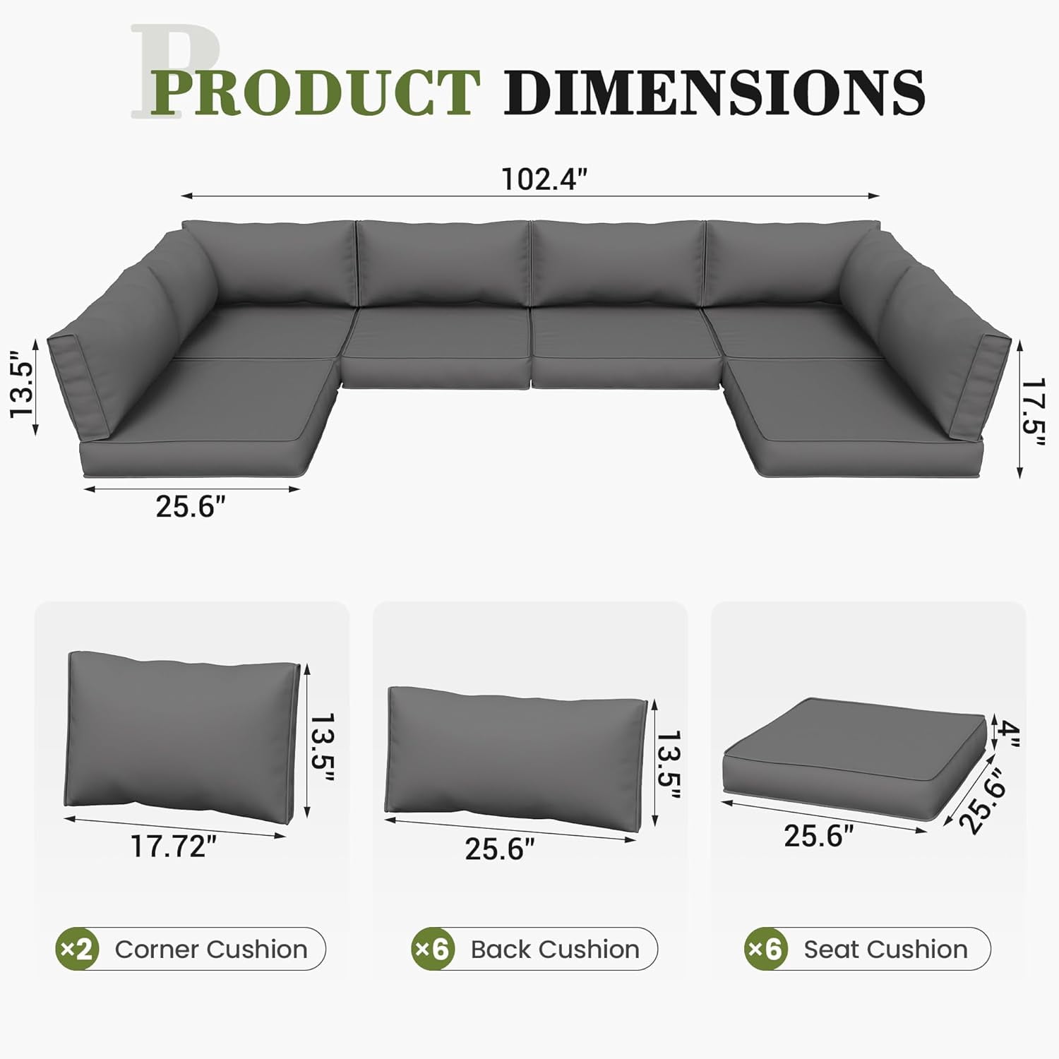 Poteban Outdoor Cushions for Patio Furniture Replacement, Waterproof Patio Furniture Cushions, Deep Seat Patio Cushions, Patio Seat Cushions for Outdoor Sectional (Grey)