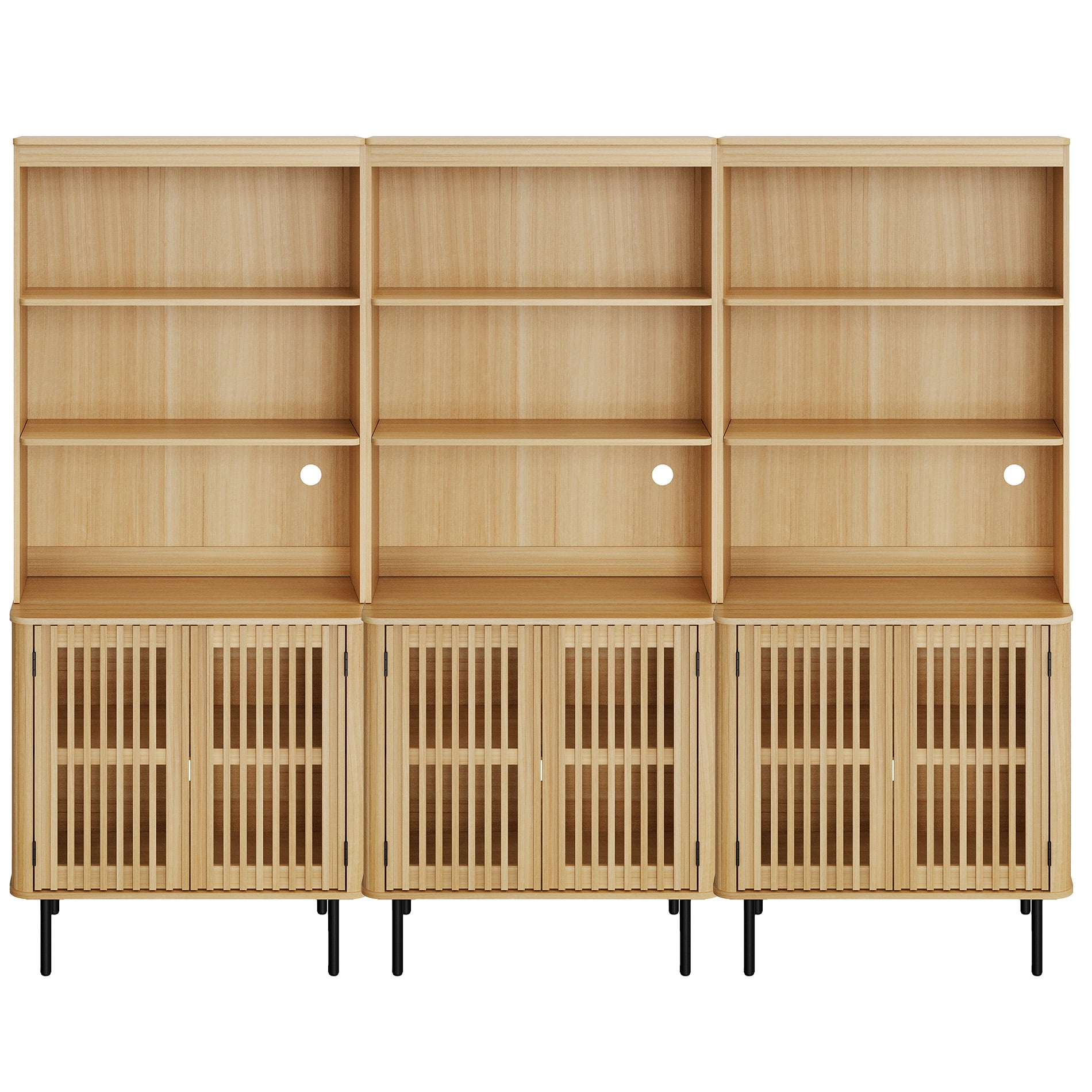 3-in-1 Kitchen Pantry Cabinet 72.8" Tall, Fluted Doors, Adjustable Shelves, Cable Mgmt, Metal Legs, Coffee Bar Storage for Dining Room, Oak