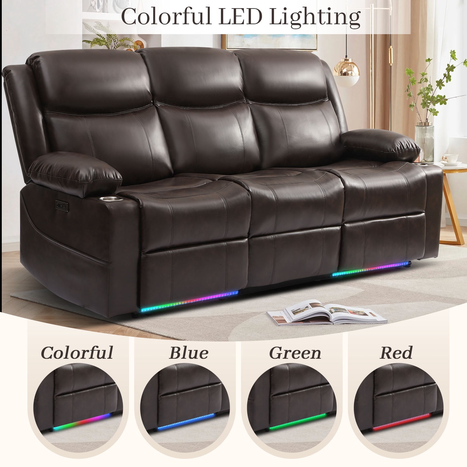 76" Power Reclining Loveseat Sofa, Electric Home Theater Seating with Motorized Buttons/Side Pocket/Cup Holders/4 Colors Ambient Lighting/USB Port/Type-C