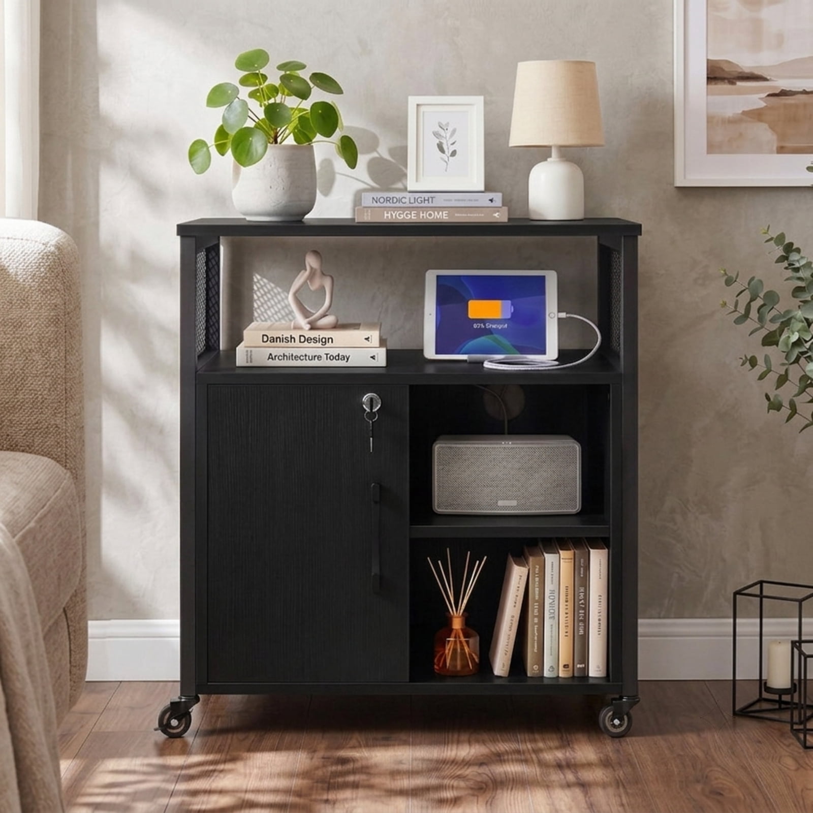 Furnibear Mobile File Cabinet on Wheels with Charging Station USB Ports and Lockable Office Storage Cabinet for Home Office and Bedroom, Brown