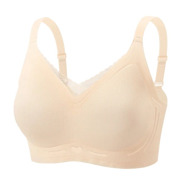 Xdegoge Women's Ribbed Wireless Bra Stylish V Neck Bralette Breathable Stretchy Lightweight Push Up Bras Casual Soft Everyday Wear with Delicate Lace Trim