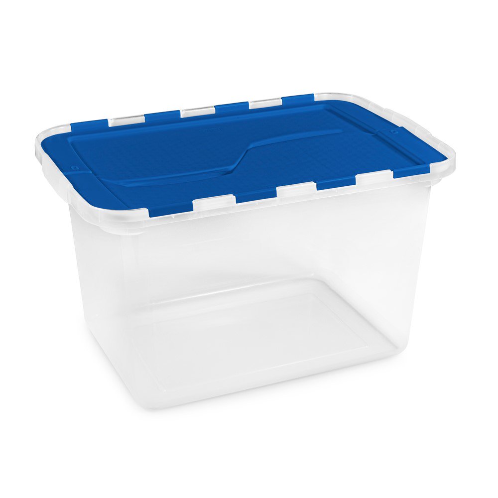 Homz 12 Gallon Flip Lid Tote, Clear with Blue Lid, Set of 6