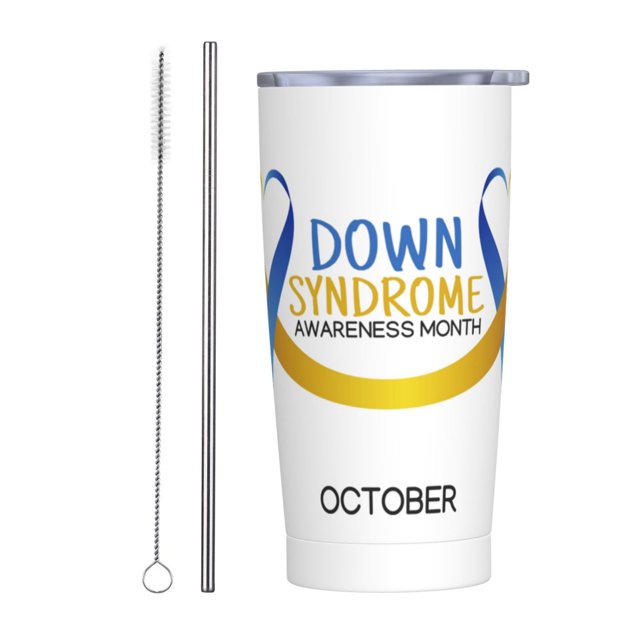 Vaso de acero inoxidable con lazo azul y amarillo para el mes de concientización sobre el síndrome de Down, taza térmica portátil de 20 oz con tapa