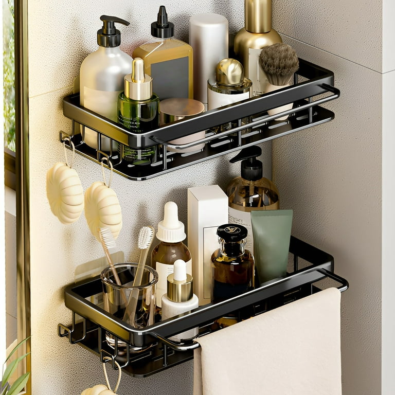 2Pcs Adhesive Shower Caddy Basket Rack with Hooks, Shower Shelf