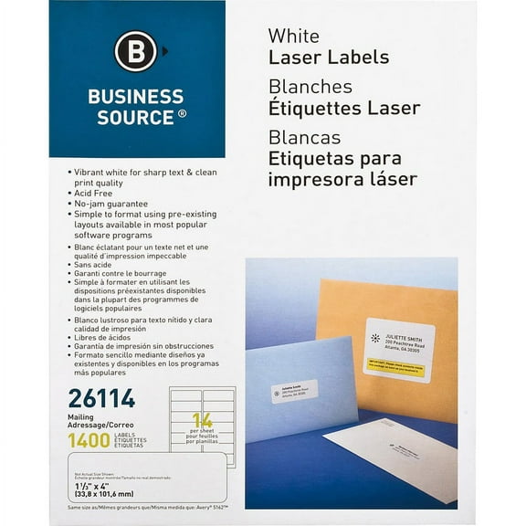 Business Source Bright White Premium-quality Address Labels - 1 1/3" x 4" Length - Permanent Adhesive - Rectangle - Laser, Inkjet - White - 14 / Sheet | Bundle of 2 Packs