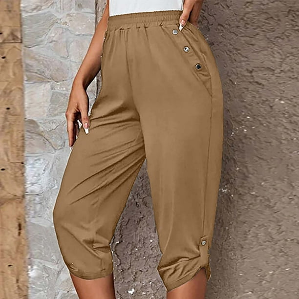 hoksml Capris For Women, Casual Loose Soft Solid Color Mid Waist