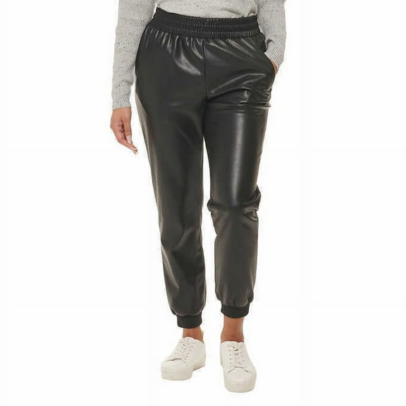DKNY JEANS Ladies  Faux Leather Elastic Waistband 2 Pocket Jogger (Black, Small)