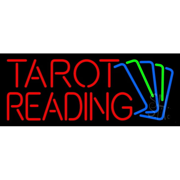 Red Tarot Reading With Cards LED Neon Sign 13" Tall x 32" Wide - inches Black Square Cut Acrylic Backing, with Dimmer - Bright and Premium built indoor LED Neon Sign for Storefront.