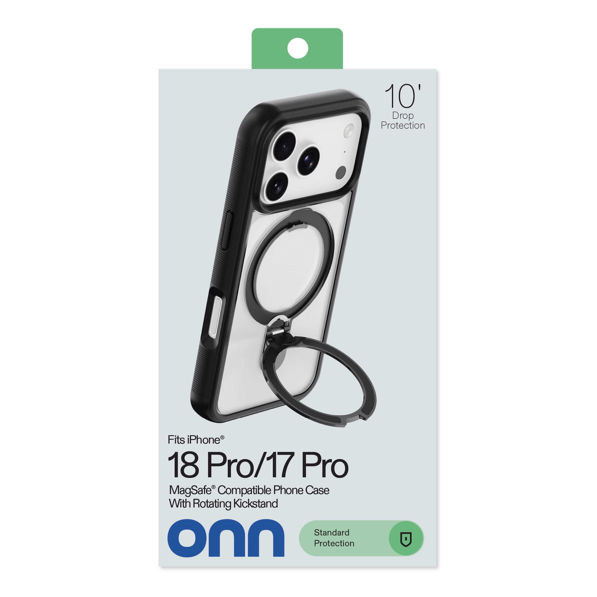 onn Phone Case with Ring Kickstand for iPhone 18 Pro / 17 Pro, MagSafe Compatible, Rotating Kickstand - Frosted Clear/Black