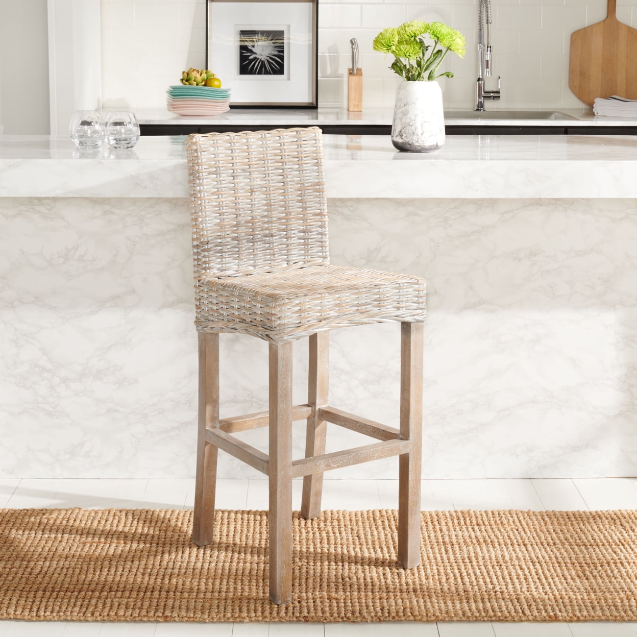 SAFAVIEH Tobie Rattan Bar Stool w/ Footrest, Grey White Wash