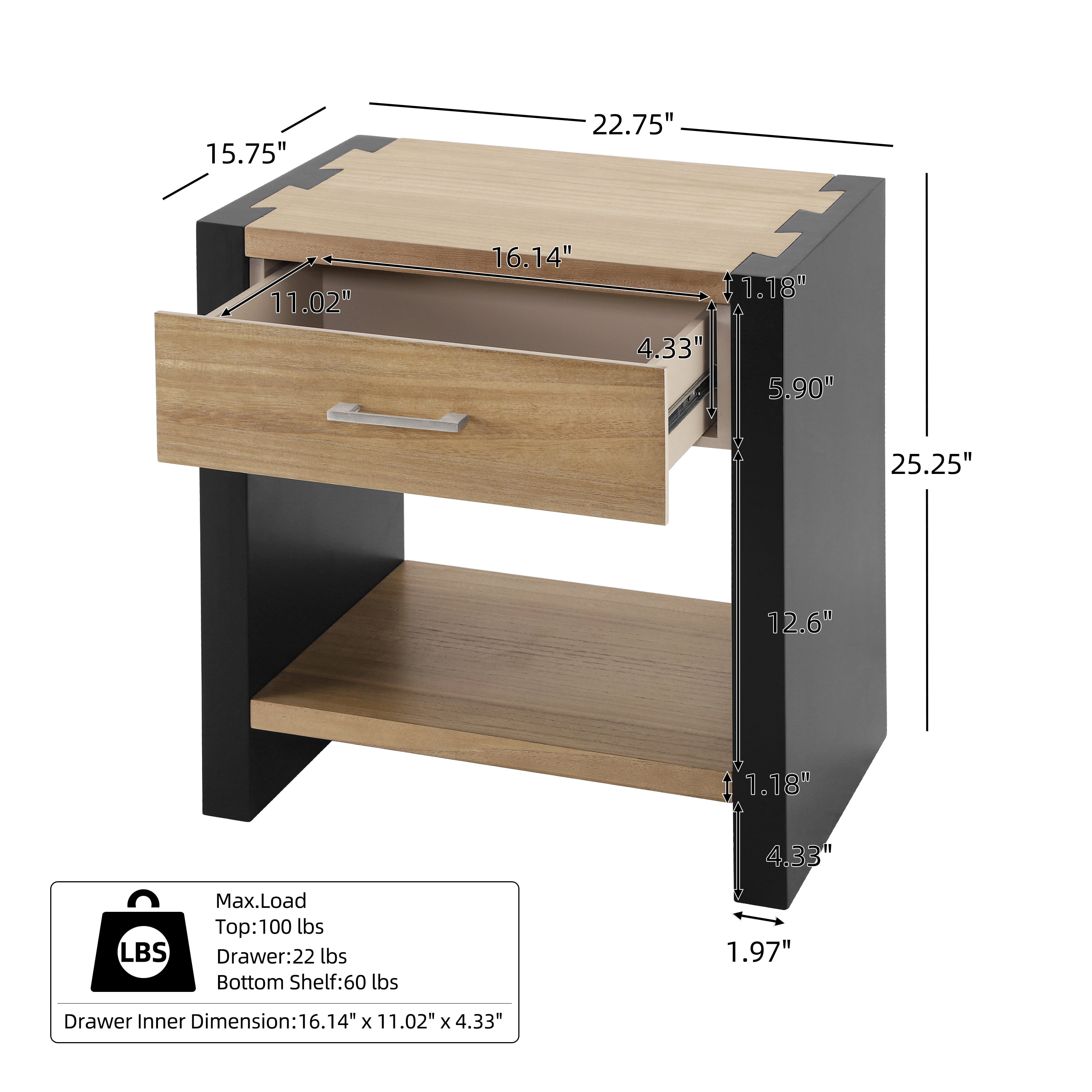 Euroco 25.25" Tall Nightstand with Storage Drawer,Solid Wood Bedside Table End Side Table with Bottom Shelf for Bedroom,Black