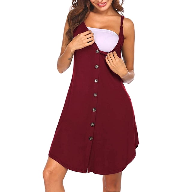 xiaxaixu Robe de Maternité et d'Allaitement pour Femmes, Décontractée, Sans Manches, à Col en V, Boutonnée, Robe d'Allaitement, Chemises de Nuit