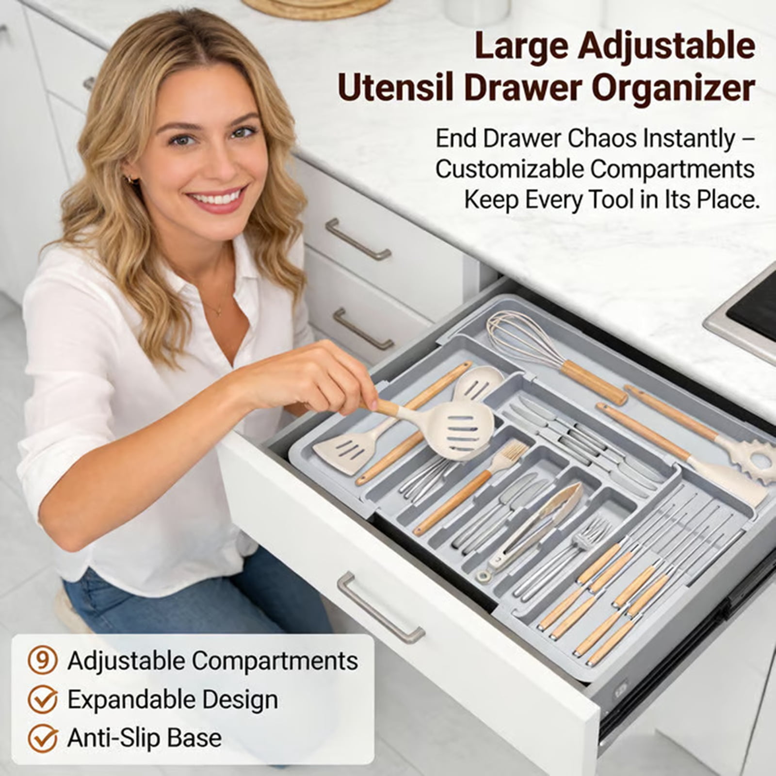 Djiypn Large Silverware Organizer, Expandable Utensils Drawer Organizer for Kitchen Drawers, Kitchen Drawer Organizer for Spoons/Forks/Knives, Multipurpose & BPA Free Cutlery Tray, Gray, 1 Pack