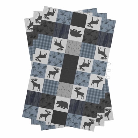 Blue Cabin Check Kitchen Towels Set of 3 Water Absorbent Dish Towel Rustic Bear Elk Farmhouse Buffalo Plaid Decorative Hand Towels - Quick Drying Cloth for Cooking Baking 18x28 Inch