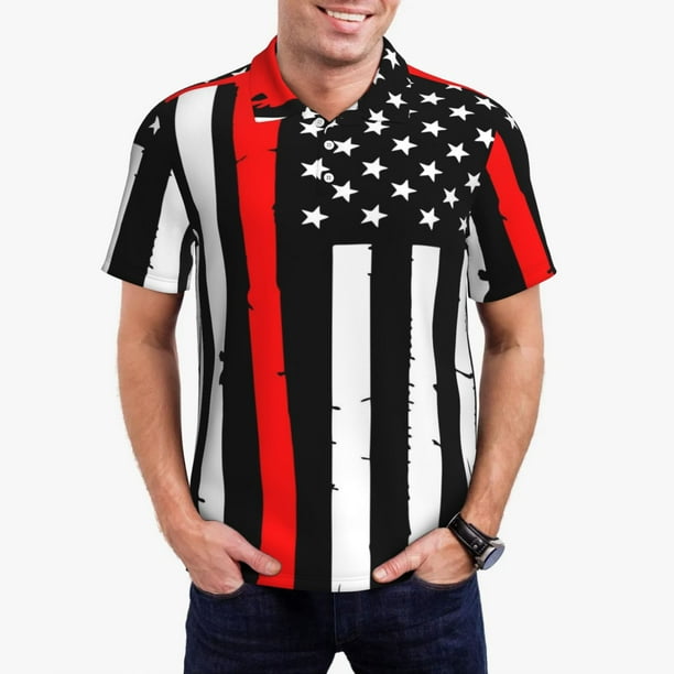 Fotbe Firefighters USA Flag Camiseta Polo de Golf para Hombre con Estampado – Camisa Deportiva Transpirable con Cuello Abotonado-Medium