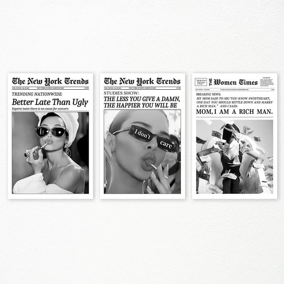 FCCUYE Set of 3 Trendy Newspaper Canvas Wall Art, Funky Do It for The Plot Wall Art, Vintage Black and White Coastal Cowgirl Posters, Preppy College Dorm Apartment Wall Decor 8x12in Und