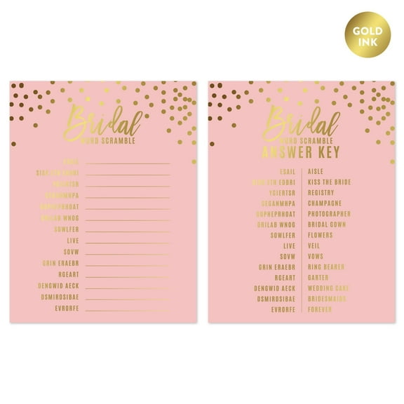 Blush Pink and Metallic Gold Confetti Polka Dots, Wedding Word Scramble Bridal Shower Game Cards, 20-Pack