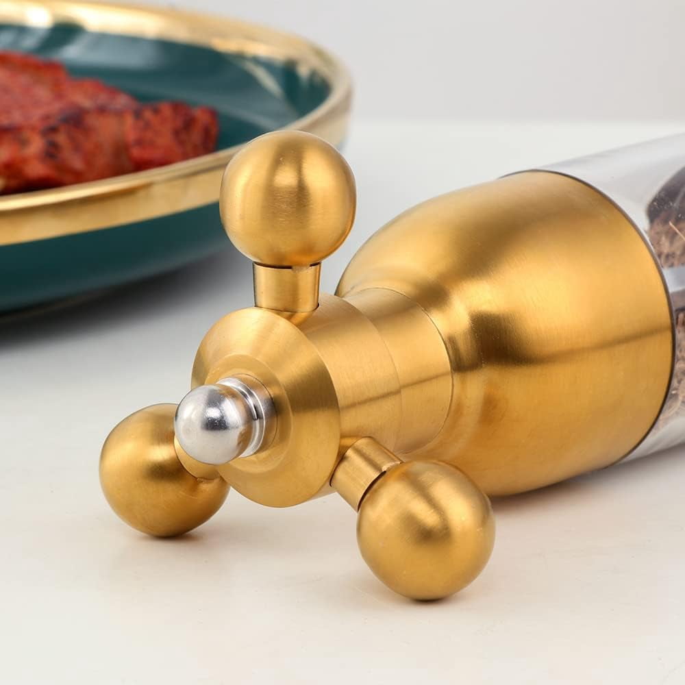 Pepper Modern Manual Grinder Set with Solid Handle - Stainless Steel Faucet Shakers | Refillable Adjustable Coarseness Mill for BBQ Restaurant, Home(Gold)