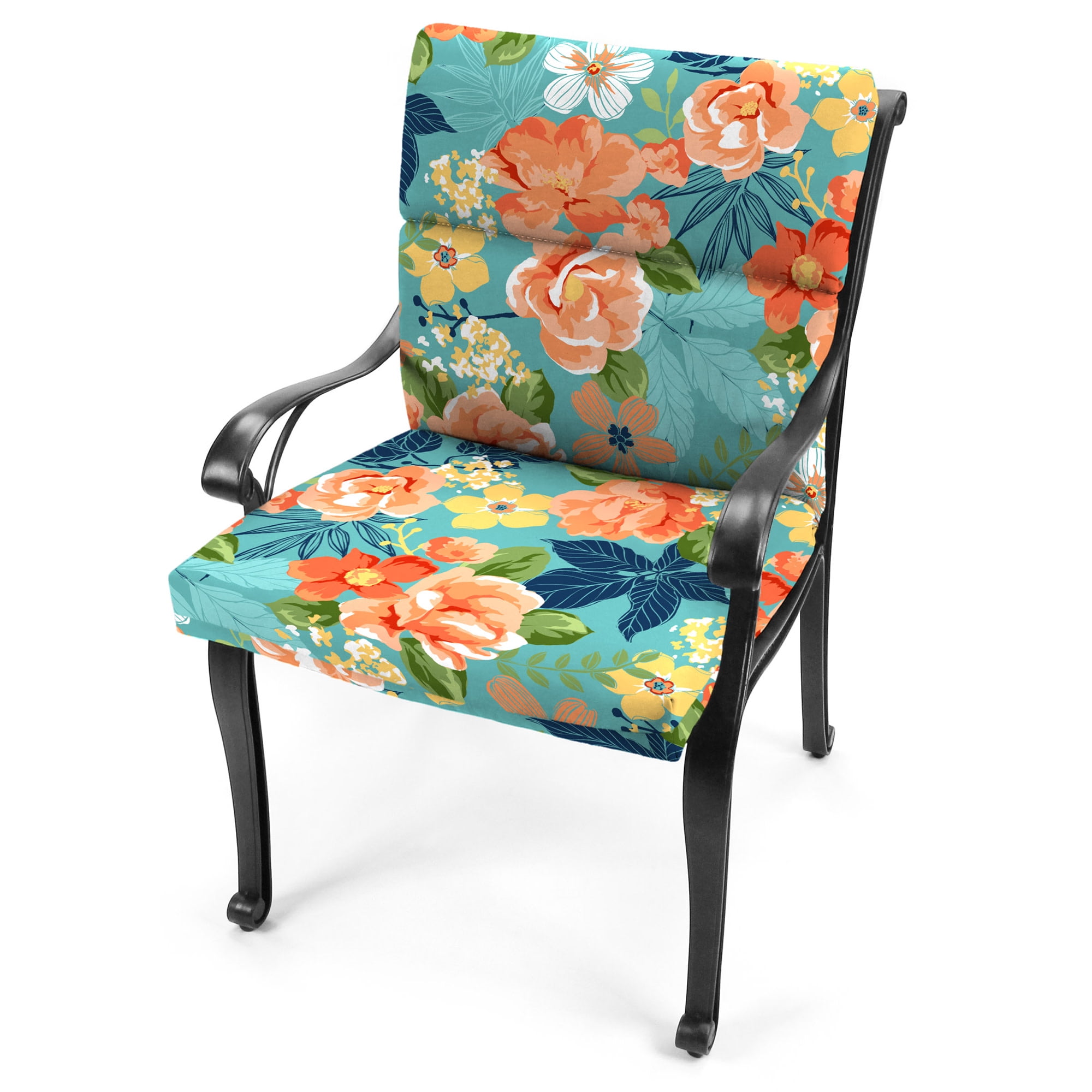 Jordan Manufacturing 44" x 22" Senorita Pelican Turquoise Floral Rectangular Outdoor Chair Cushion with Ties and Hanger Loop