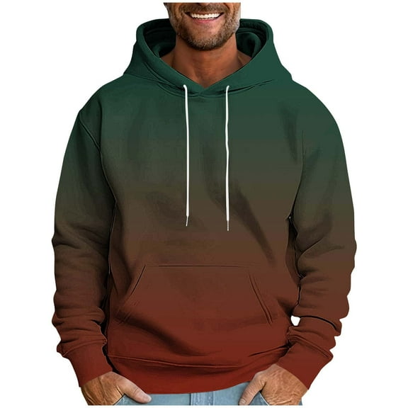 Bzhegqhd Men's Hoodies Color Gradient Print Pullover Long Sleeve Graphic Fleece Lined Sweatshirt with Drawstring Hood and Pockets Warm Winter Street Fashion Tops