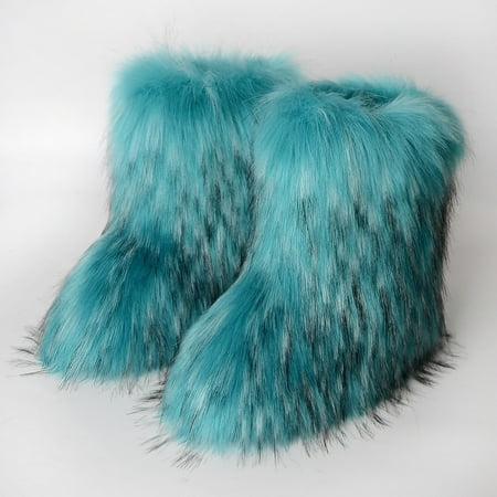 

Furry Boots for Women Fuzzy Fluffy Snow Boot Faux Fur Colorful with Round Toe Water Resistant Flat Shoes Rubber Sole for Girls Outdoor Christmas Fashion Party Gifts