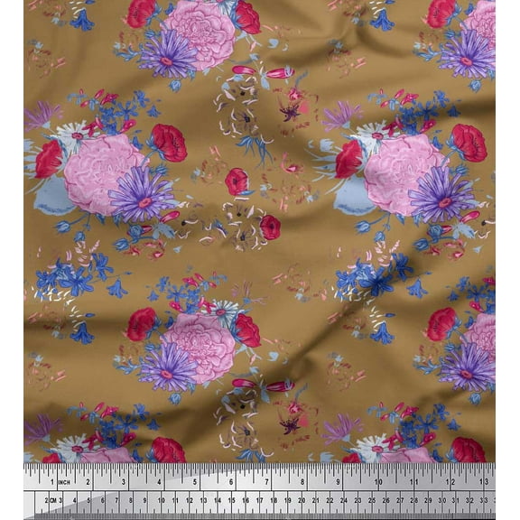 Soimoi Cotton Duck Fabric Leaves,Aster & Begonia Floral Printed Fabric 1 Yard 42 Inch Wide