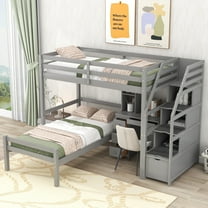 Harper & Bright Designs L Shaped Twin Over Twin Bunk Bed with Storage Staircase, Desk, Shelves and Drawers, Wooden Loftbed with a Stand-Alone Platform Bedframe for Bedroom, Gray