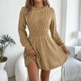 thumbnail image 2 of Womens Crew Neck Long Sleeve Spring Fall Dresses,Women's Fashion Casual Twisted Knit Fitted Waist Sweater A-line Skirt Round Neck Long Sleeve Solid Color Dress Khaki, 2 of 8