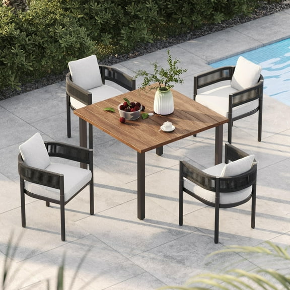Grand Patio 5-Piece Outdoor Dining Set for 4 People, 4 Steel Woven Wicker Chairs & 1 Square Woodgrain Dining Table for Backyard, Deck