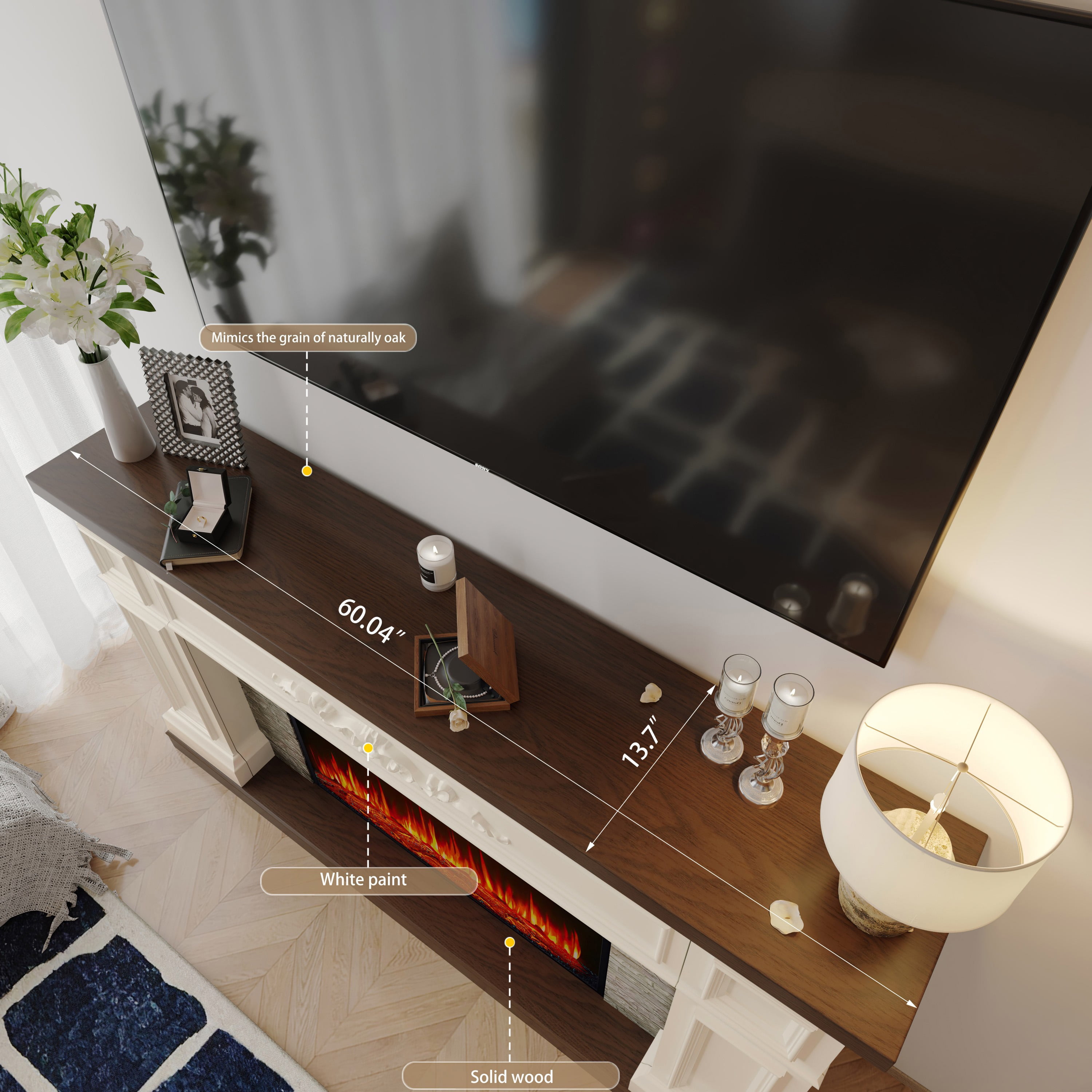 BOSHIRO Electric Fireplace with Mantel, 60 Inch Solid Wood Fireplace TV Stand for Living Room Bedroom