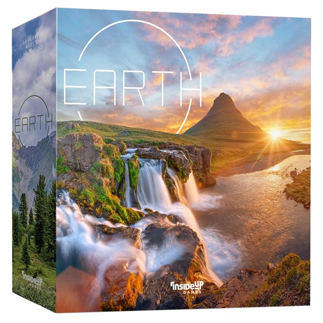 Earth Jeu de Société par Inside Up Games, Présentant un design de Boîte Multicolore vibrant avec un Paysage Pittoresque de Cascade, de Verdure Luxuriante et de Montagne au Lever du Soleil. Conçu pour 1 à 5 Joueurs, 13 Ans et Plus, avec une Autonomie de 45 à 90 minutes. le Jeu Est un Constructeur de Moteurs en Monde Ouvert avec des Possibilités Stratégiques et des Combinaisons de Cartes Uniques.
