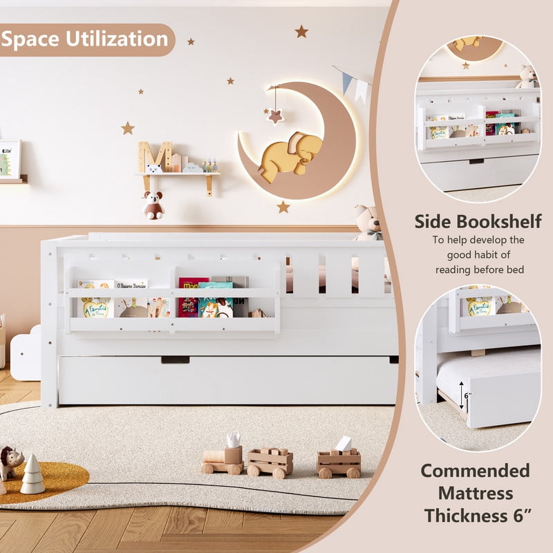 Twin Size Low-Profile Kid's Platform Bed with Built-in Bookshelves & Small Staircase, Wooden Bed Frame with Safety Rails & Trundle