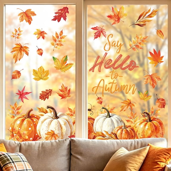OKKVV Thanksgiving PVC Static Window Clings, Pumpkin Maple Leaf No Glue Decor Stickers, Reusable Fall Glass Decals For Home Shop Window Decor.