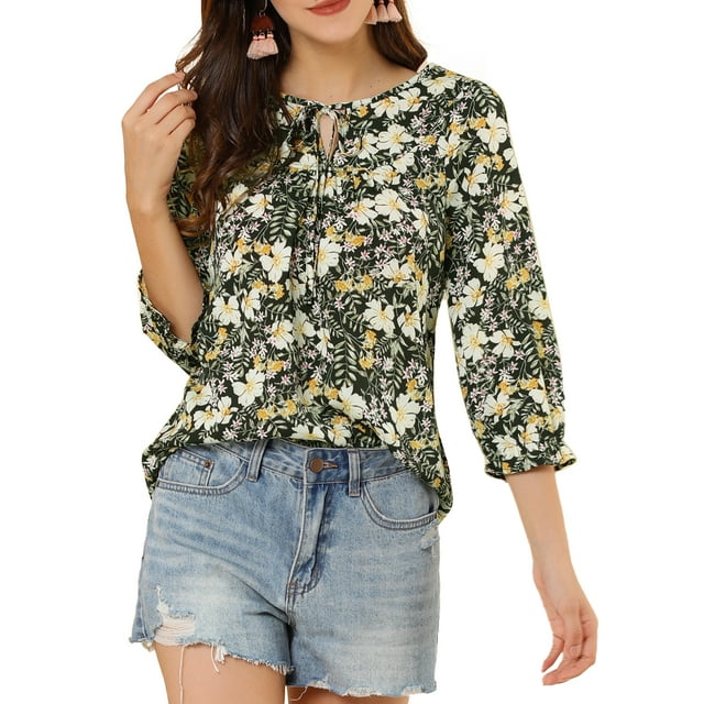 INSPIRE CHIC Women's Tie V Neck Boho Ruffled 3/4 Sleeve Floral Blouse