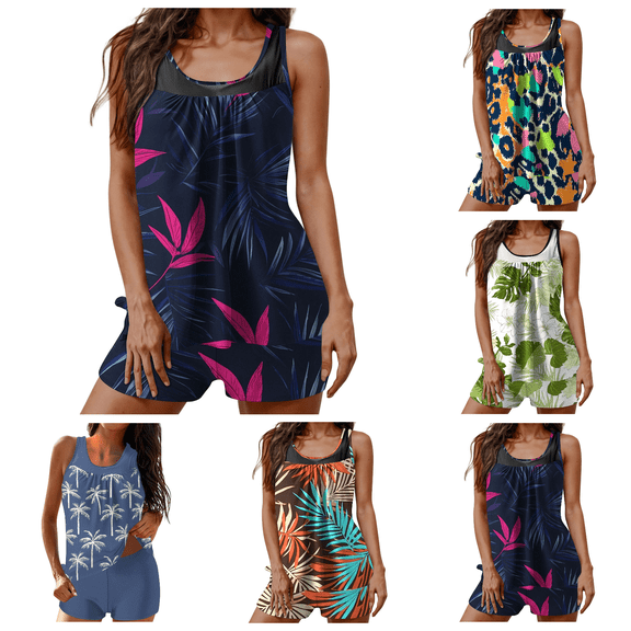 Lovzfmll Tankini Set for Women, Printed Top and Trunks, Conservative Two Piece Bathing Suit for Modest Beach Swim