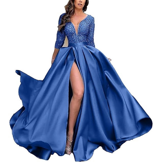 Robe de Soirée Formelle Longue en Dentelle pour Femmes Robes de Mariage Col en V avec Fente Robe de Soirée pour Femmes avec Manches