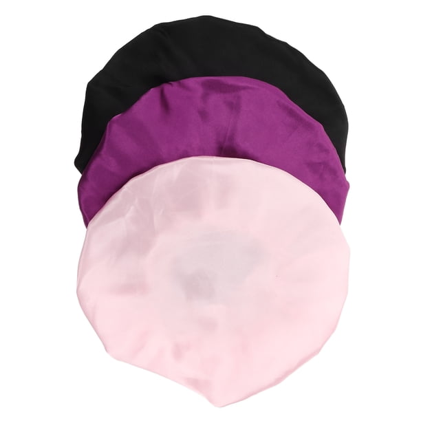 Gorro de dormir de satén para niños, 3 piezas, banda elástica ancha, redondo, para el cuidado del cabello, 1 pieza en morado, negro y rosa.