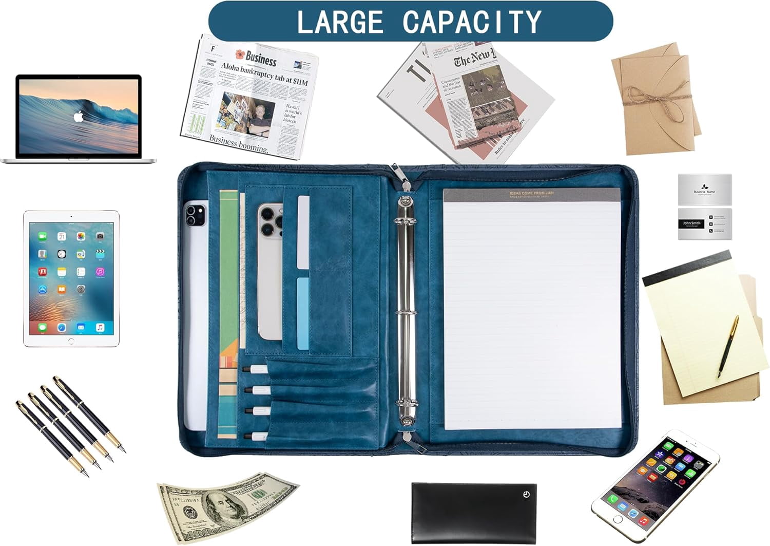 Leather Padfolio for Women,Zippered Padfolio with 3 Ring Binder,Business Portfolio Organizer for Women with A4 Writing Pad Holder, Document Organizer for Meeting/Interview