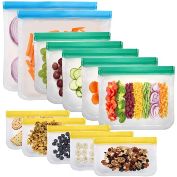 Bolsas de almacenamiento de alimentos reutilizables, paquete de 12 bolsas de congelador reutilizables sin Bpa, bolsa de almacenamiento a prueba de fugas para alimentos (2 bolsas de galón reutiliz