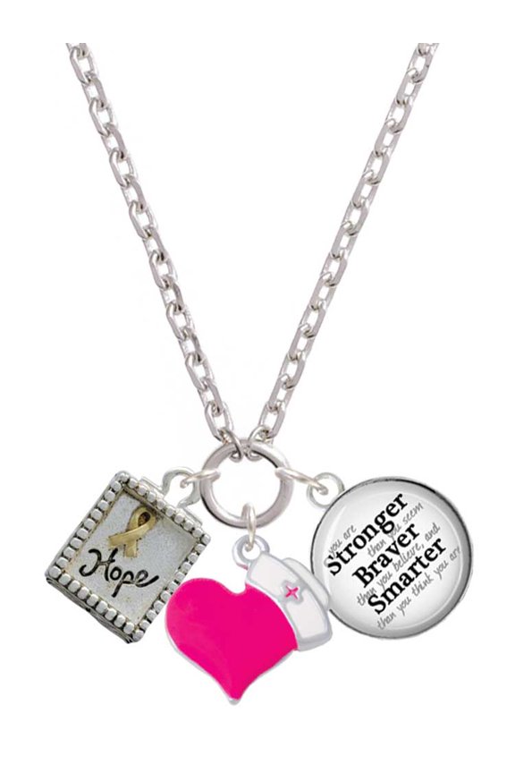 Two-tone Shadow Box ''Hope'' with Ribbon - Hot Pink Heart Nurse Strong Zoe Necklace