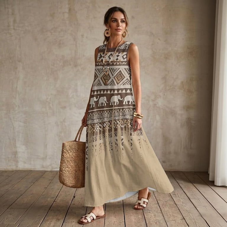 Fkelyi Aztec Geometric Elephant Print Women's Summer Maxi Dress Faux Linen Casual Tank Beach Dress with Pockets for Vacation Crew Neck Outfit