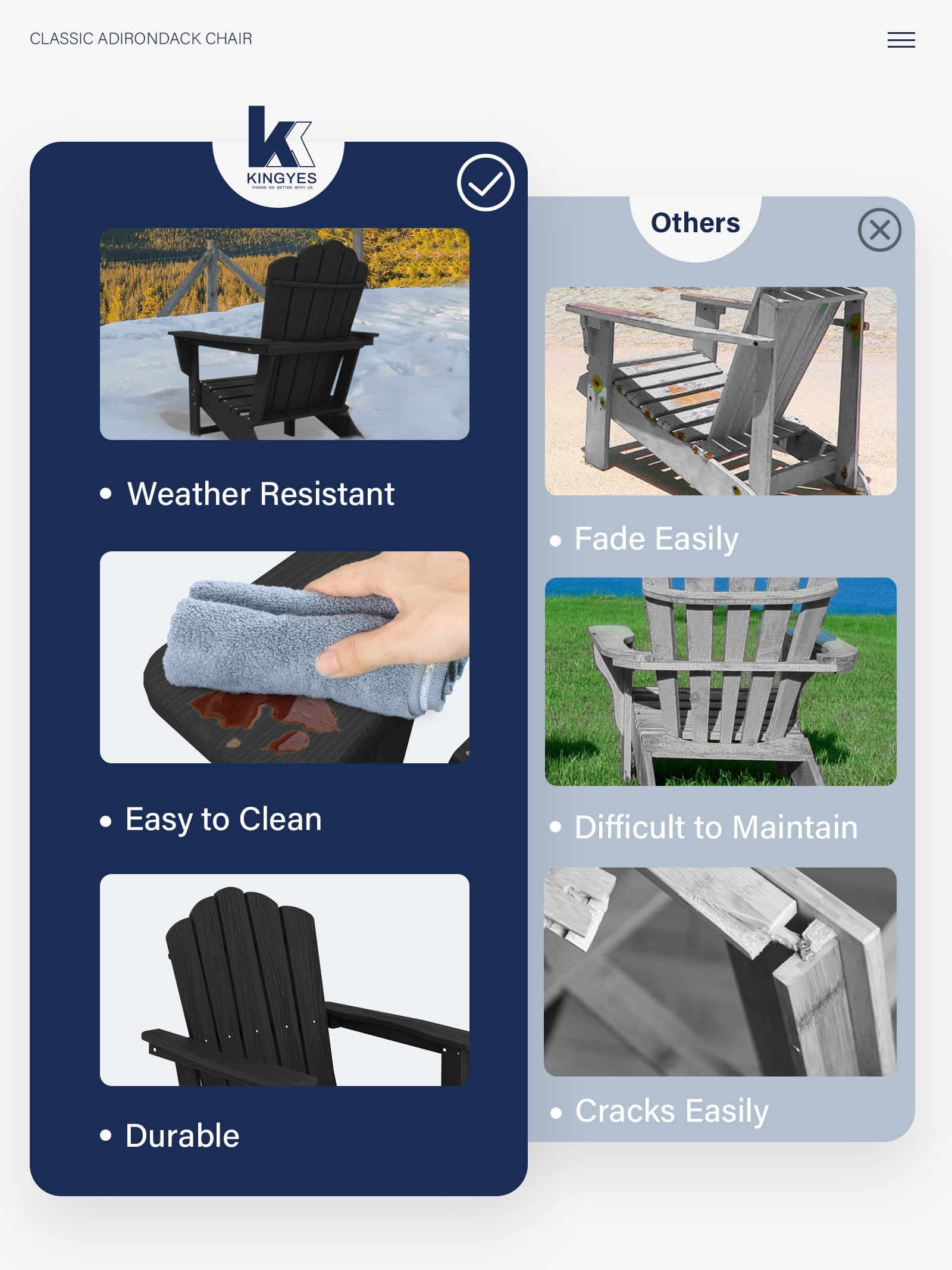 KINGYES HDPE Adirondack Chair, All-Weather Outdoor Fire Pit Chairs for Patio Deck Lawn, Black