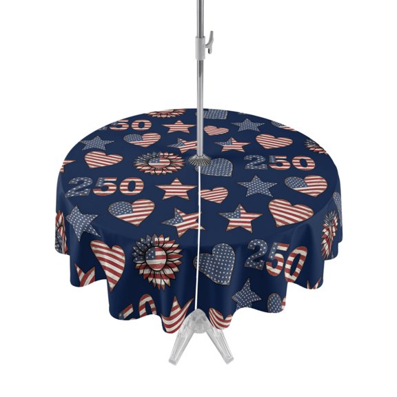 Outdoor Tablecloth with Umbrella Hole Zipper Memorial Day Round Tablecloth 54" Waterproof Outside Table Cloth Blue Patriotic America Flag Star Heart Patio Table Cover Tablecloths for Picnic Party