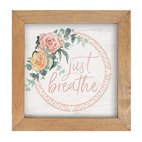 Just Breathe Floral Blush Wreath 7 x 7 Inch Pine Wood Framed Wall Art Plaque