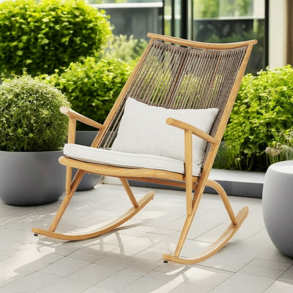 Christopher Knight Home Outdoor Rocking Chair, Gray PE Rattan Backrest Patio Seating with Cushions, Maple