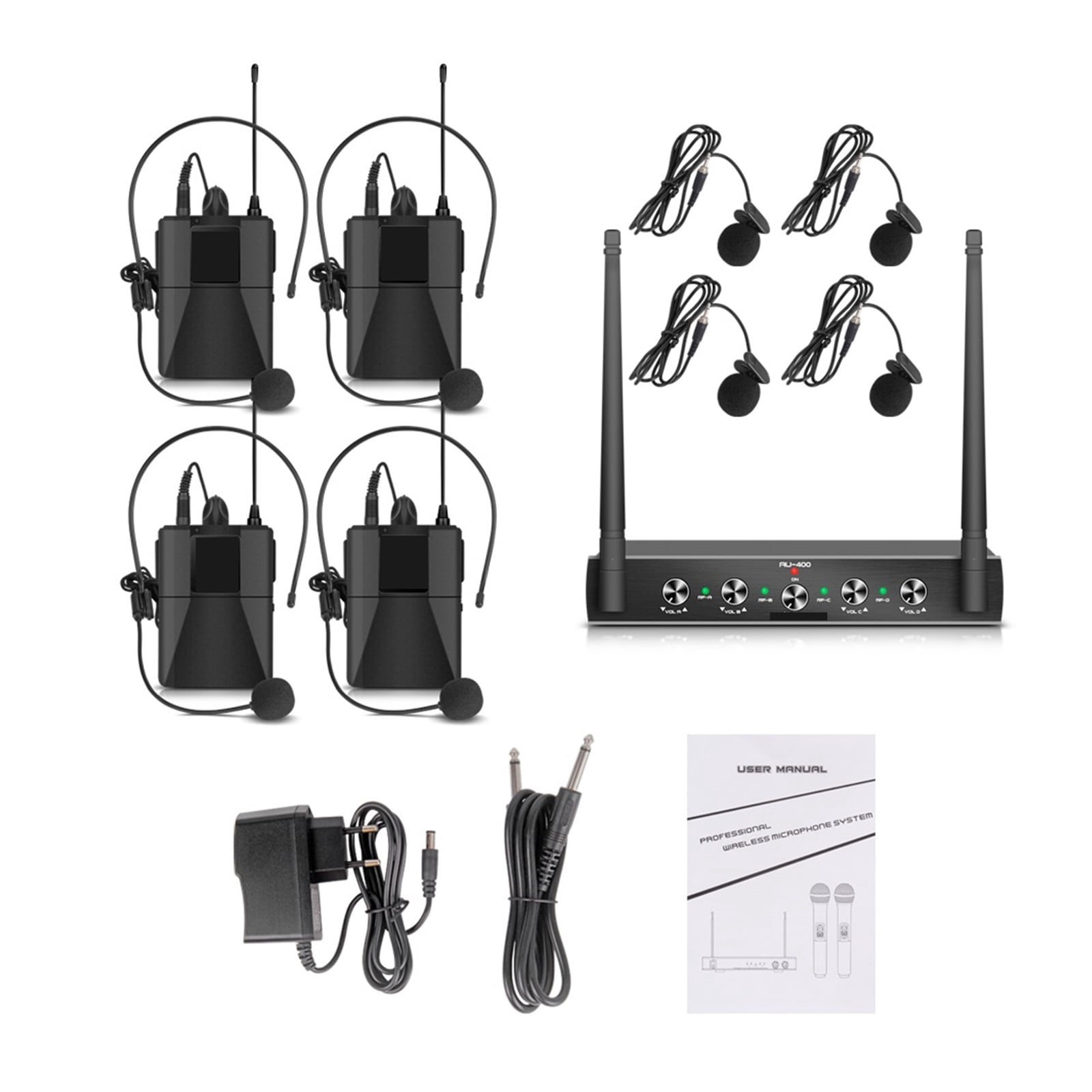 Audio AU400 UHF Pro 4channel Bodypack Lavalier & Headset Portable Wireless Microphone System For Karaoke Church Party ,Clear Sound