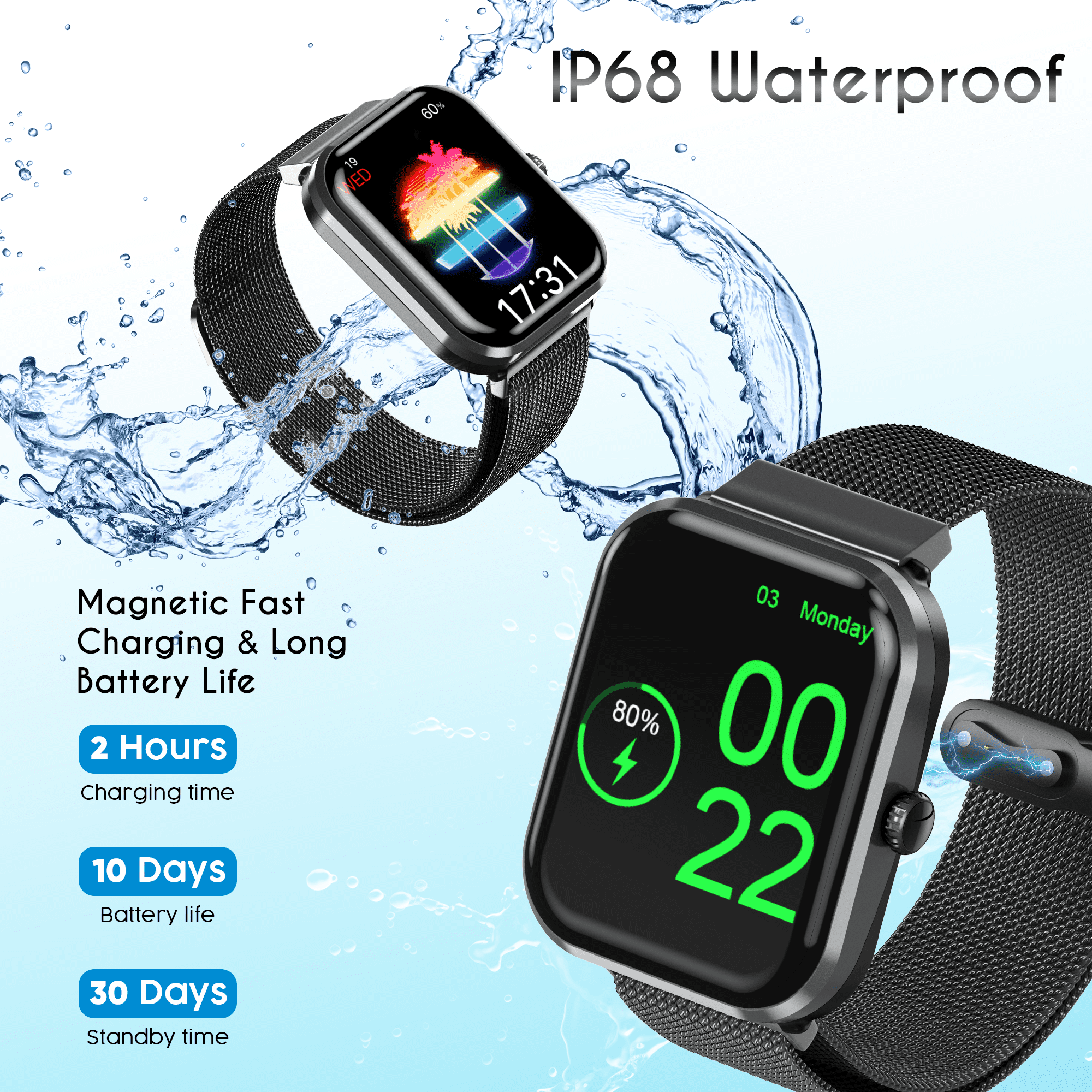 OWNTECH 1.9-inch Smart Watch Compatible with Android and iPhone, Fitness Tracker with Call Function, 100+ Sports Modes, IP68 Waterproof Activity Tracker, Dual Straps, Black