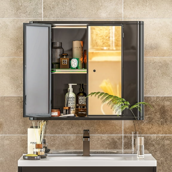 Soges Bathroom Medicine Cabinet with Mirror, Metal Wall Mounted Storage Cabinet with 2 Shelves, Waterproof Storage Organizer for Makeup, Hanging Wall Cabinet for Bathroom, Laundry, Living Room, Black